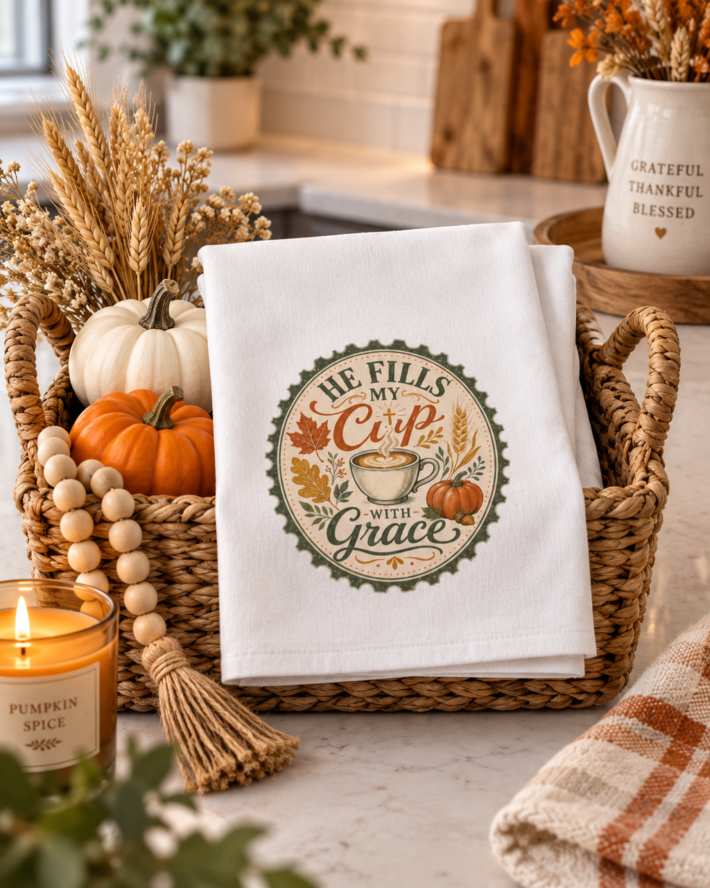 Coffee Lovers Kitchen Towel, Fall Home Decor Autumn Decor, He Fills My Cup With Grace Dish Towel, Christian Farmhouse Gift