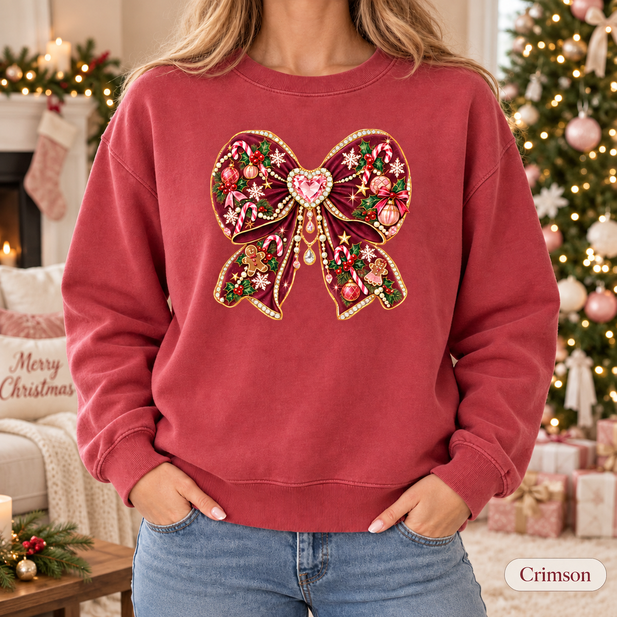 Coquette Bow Christmas Sweatshirt, Holiday Crewneck Womens Holiday Sweatshirt, Cute Winter Sweater, Jeweled Bow Comfort Colors Shirt