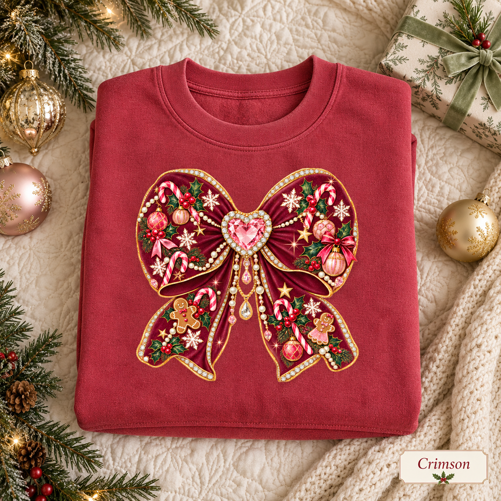Coquette Bow Christmas Sweatshirt, Holiday Crewneck Womens Holiday Sweatshirt, Cute Winter Sweater, Jeweled Bow Comfort Colors Shirt