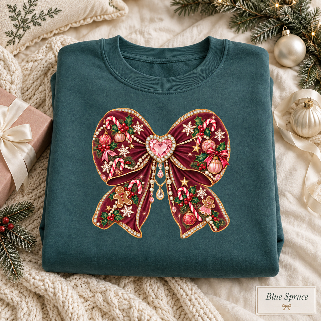 Coquette Bow Christmas Sweatshirt, Holiday Crewneck Womens Holiday Sweatshirt, Cute Winter Sweater, Jeweled Bow Comfort Colors Shirt