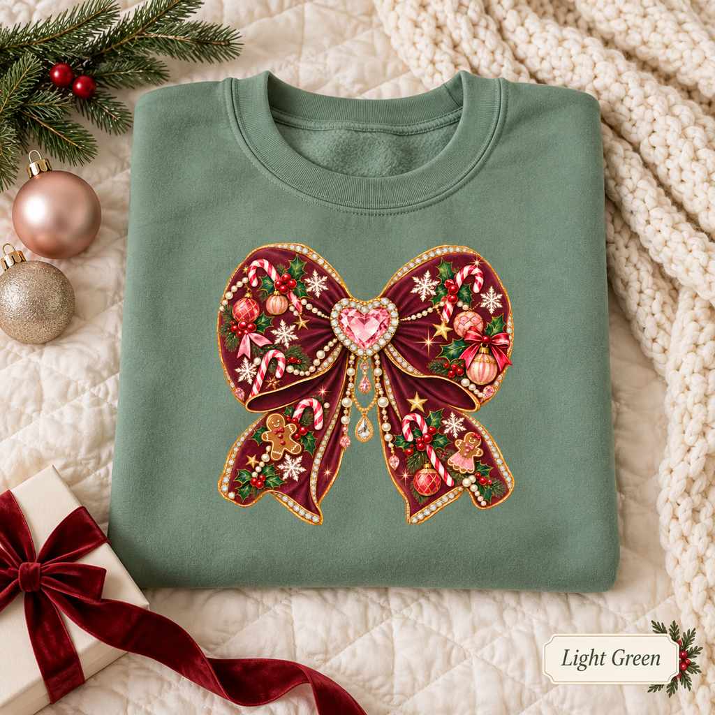 Coquette Bow Christmas Sweatshirt, Holiday Crewneck Womens Holiday Sweatshirt, Cute Winter Sweater, Jeweled Bow Comfort Colors Shirt