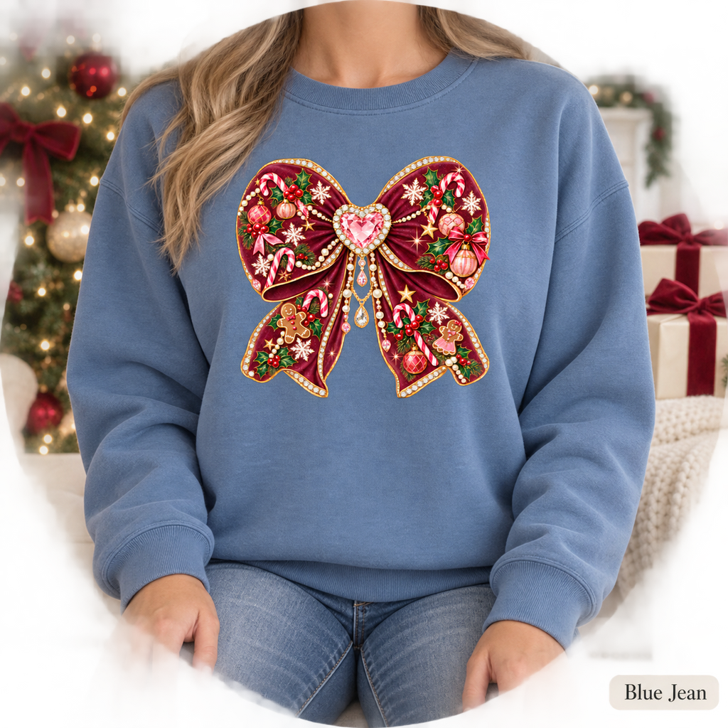 Coquette Bow Christmas Sweatshirt, Holiday Crewneck Womens Holiday Sweatshirt, Cute Winter Sweater, Jeweled Bow Comfort Colors Shirt