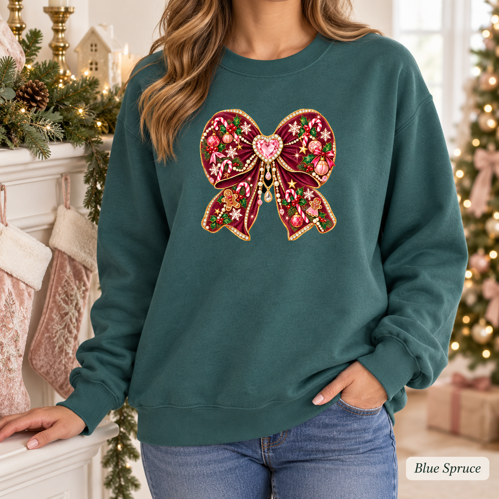 Coquette Bow Christmas Sweatshirt, Holiday Crewneck Womens Holiday Sweatshirt, Cute Winter Sweater, Jeweled Bow Comfort Colors Shirt