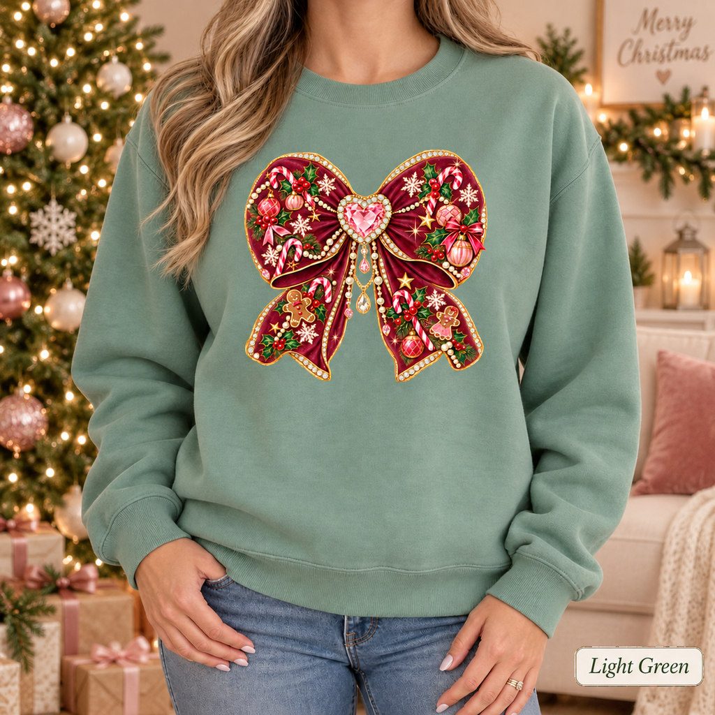 Coquette Bow Christmas Sweatshirt, Holiday Crewneck Womens Holiday Sweatshirt, Cute Winter Sweater, Jeweled Bow Comfort Colors Shirt