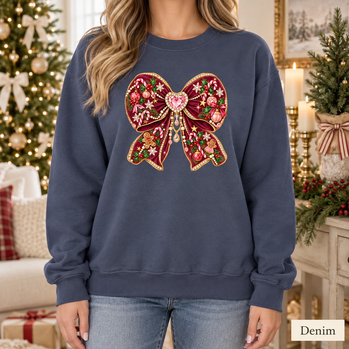 Coquette Bow Christmas Sweatshirt, Holiday Crewneck Womens Holiday Sweatshirt, Cute Winter Sweater, Jeweled Bow Comfort Colors Shirt