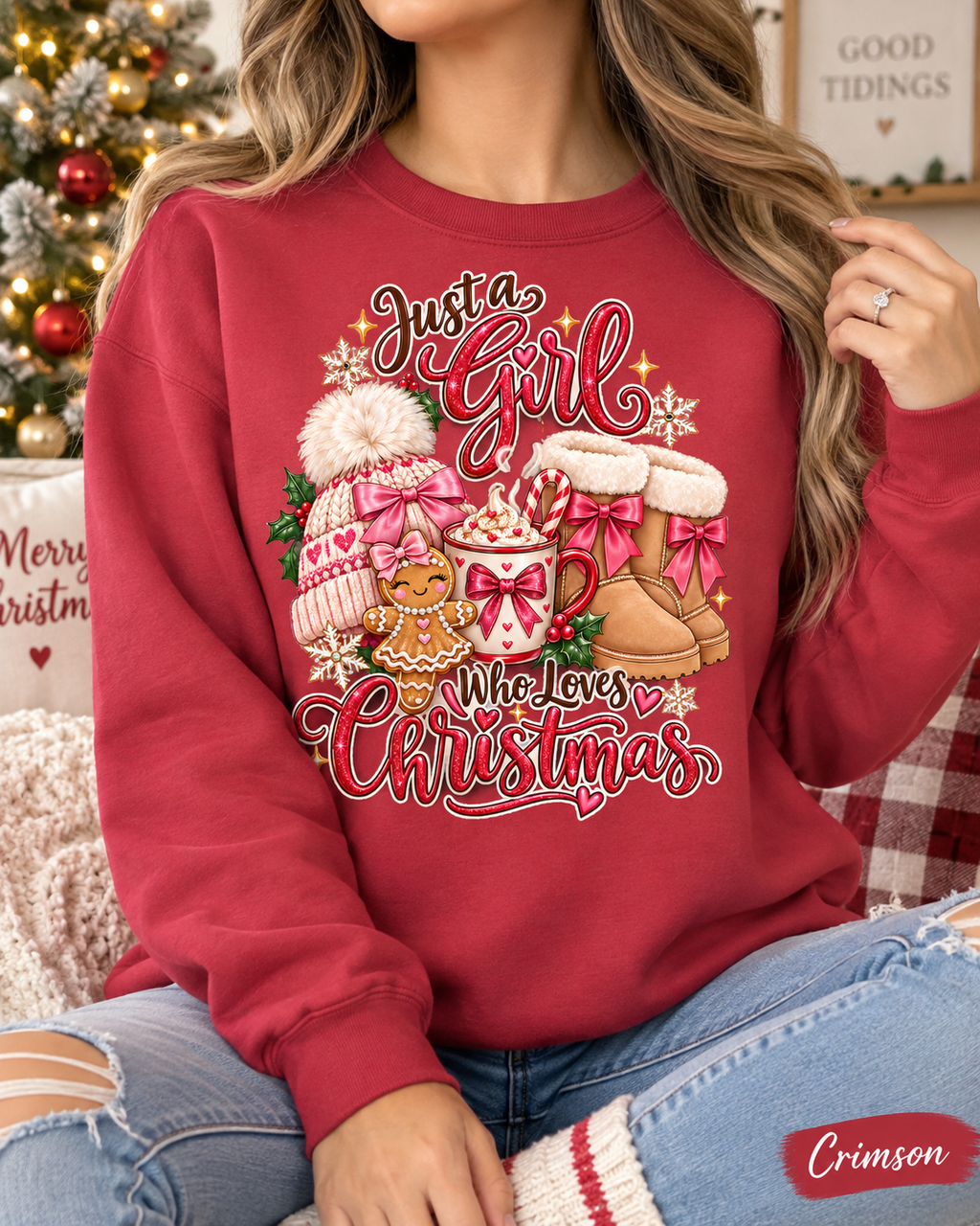 Womens Christmas Sweatshirt, Holiday Sweater, Just a Girl Who Loves Christmas, Christmas Lover Pullover, Coquette Bow Winter Top