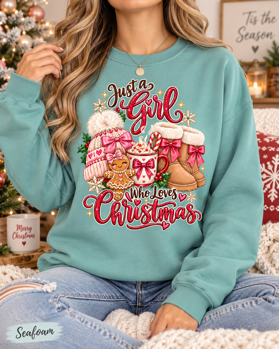 Womens Christmas Sweatshirt, Holiday Sweater, Just a Girl Who Loves Christmas, Christmas Lover Pullover, Coquette Bow Winter Top