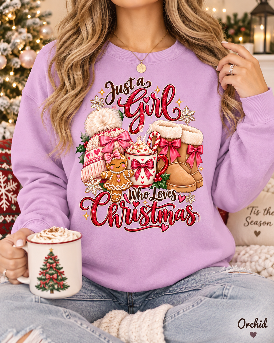 Womens Christmas Sweatshirt, Holiday Sweater, Just a Girl Who Loves Christmas, Christmas Lover Pullover, Coquette Bow Winter Top