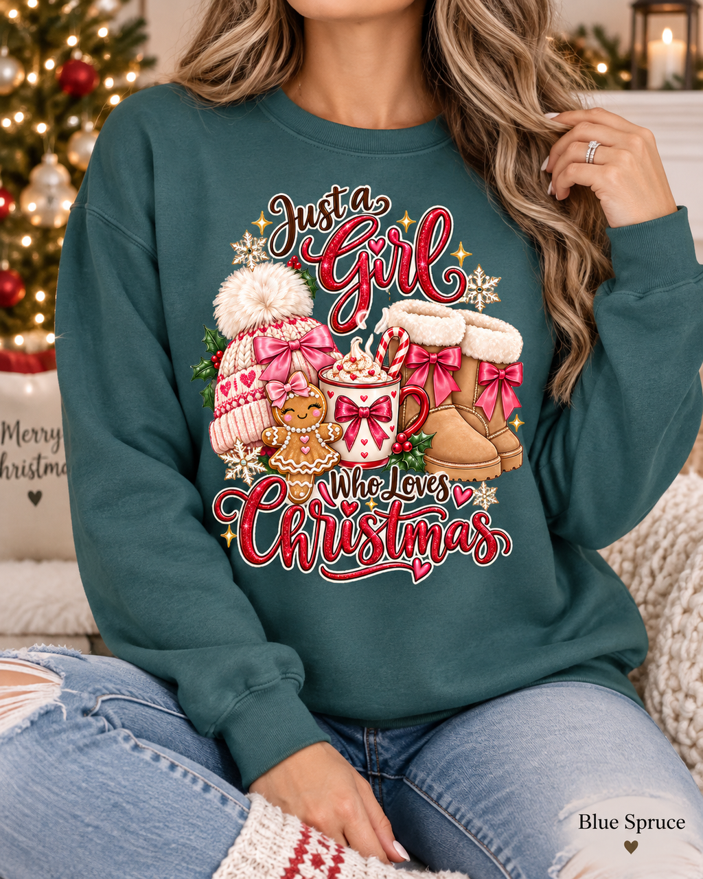 Womens Christmas Sweatshirt, Holiday Sweater, Just a Girl Who Loves Christmas, Christmas Lover Pullover, Coquette Bow Winter Top