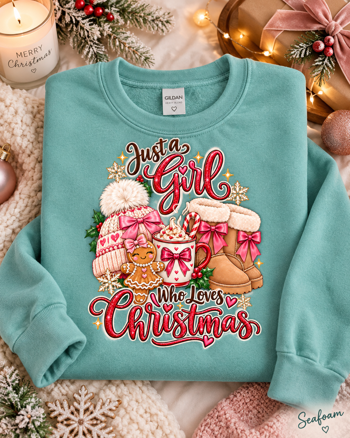 Womens Christmas Sweatshirt, Holiday Sweater, Just a Girl Who Loves Christmas, Christmas Lover Pullover, Coquette Bow Winter Top