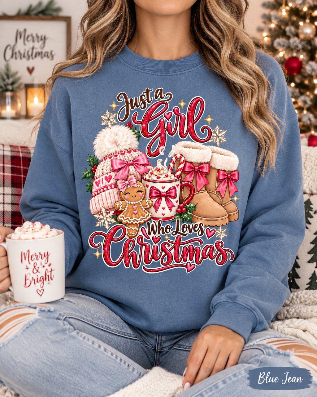 Womens Christmas Sweatshirt, Holiday Sweater, Just a Girl Who Loves Christmas, Christmas Lover Pullover, Coquette Bow Winter Top
