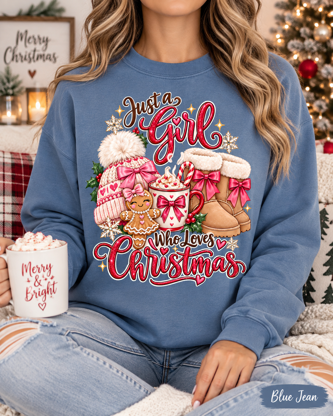 Womens Christmas Sweatshirt, Holiday Sweater, Just a Girl Who Loves Christmas, Christmas Lover Pullover, Coquette Bow Winter Top