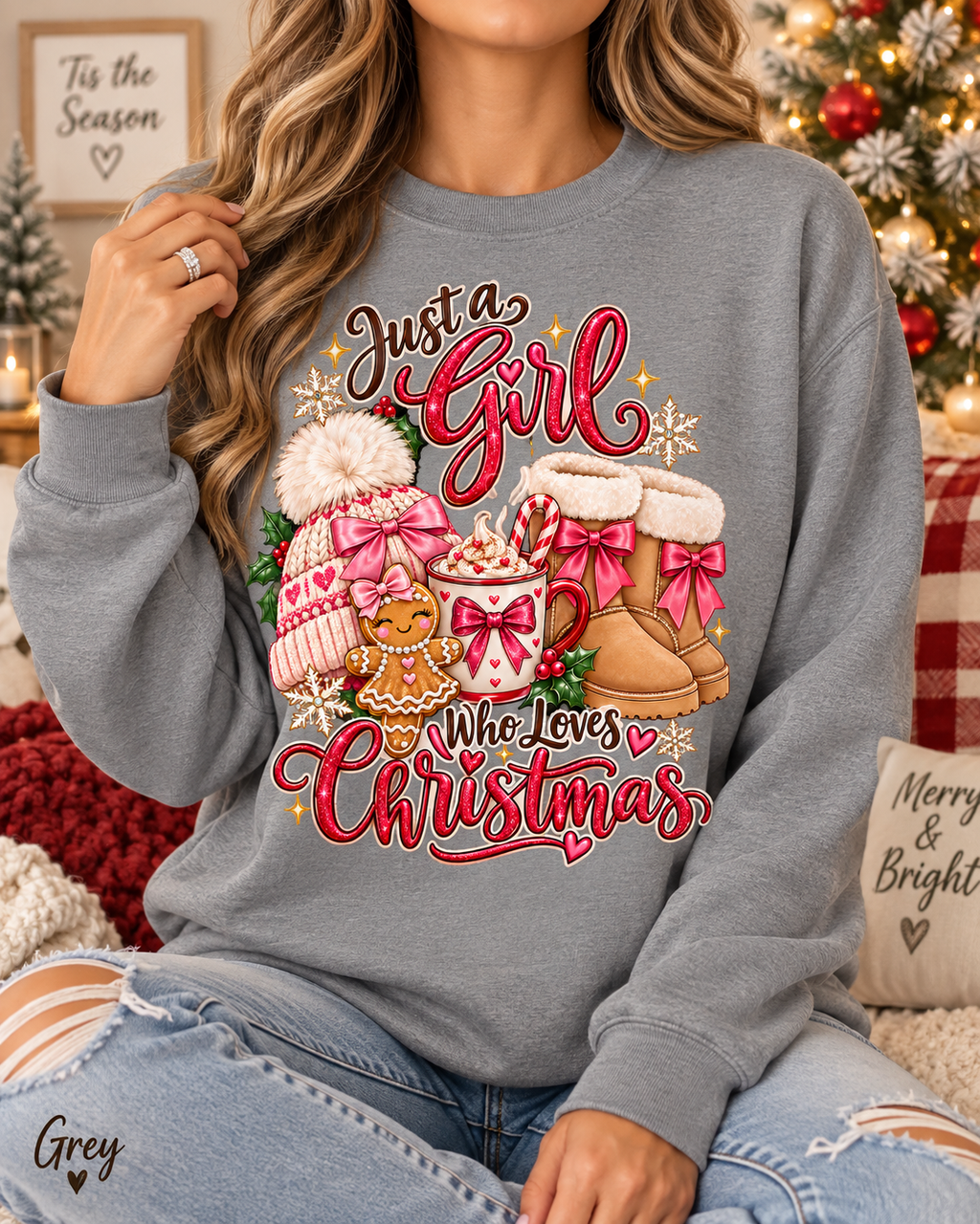 Womens Christmas Sweatshirt, Holiday Sweater, Just a Girl Who Loves Christmas, Christmas Lover Pullover, Coquette Bow Winter Top