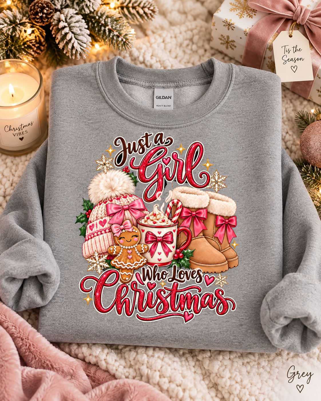 Womens Christmas Sweatshirt, Holiday Sweater, Just a Girl Who Loves Christmas, Christmas Lover Pullover, Coquette Bow Winter Top