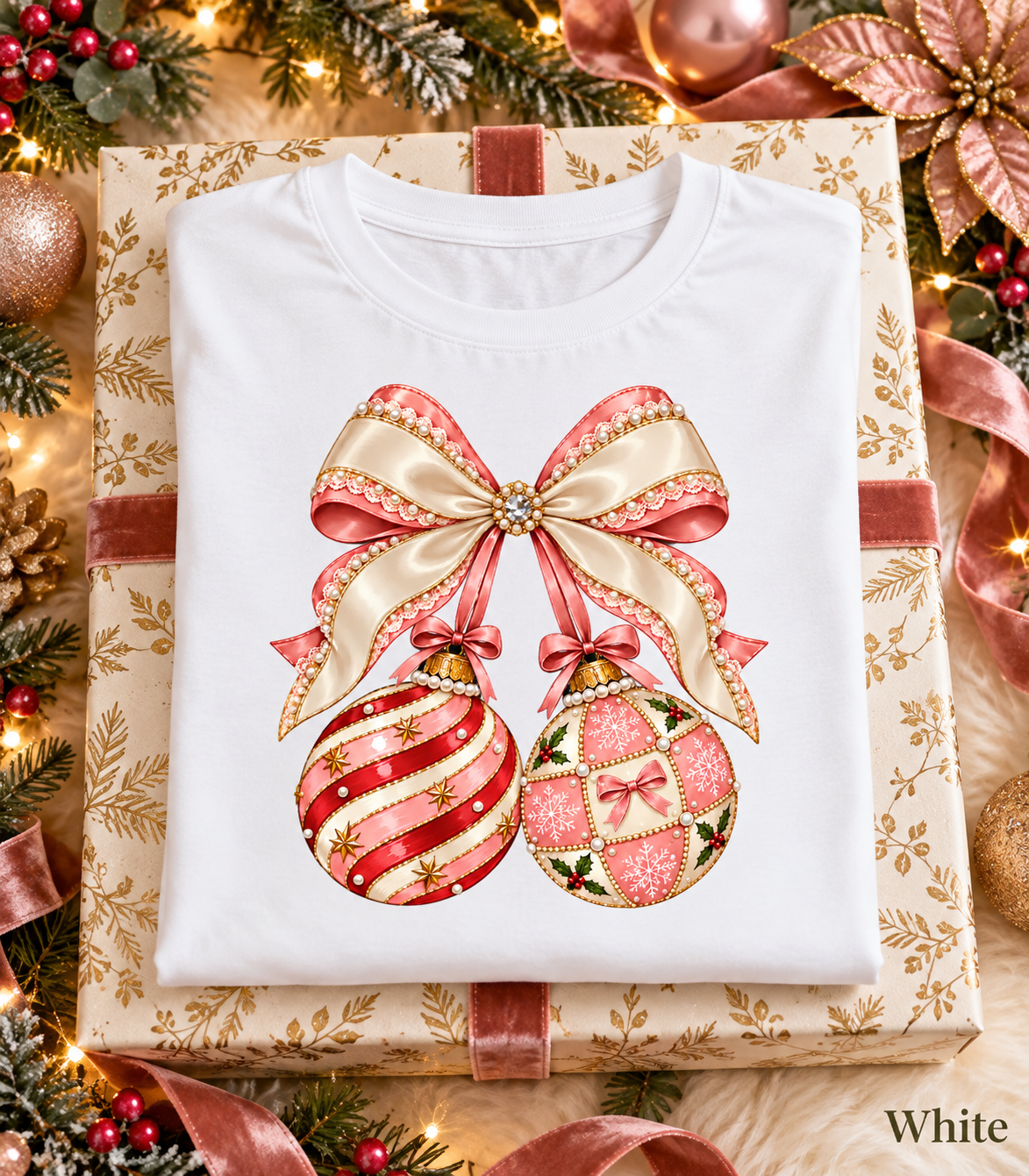 Holiday Gift for Women, Coquette Bow Tshirt, Christmas Ornament Shirt, Comfort Colors Long Sleeve, Preppy Christmas Graphic Tee