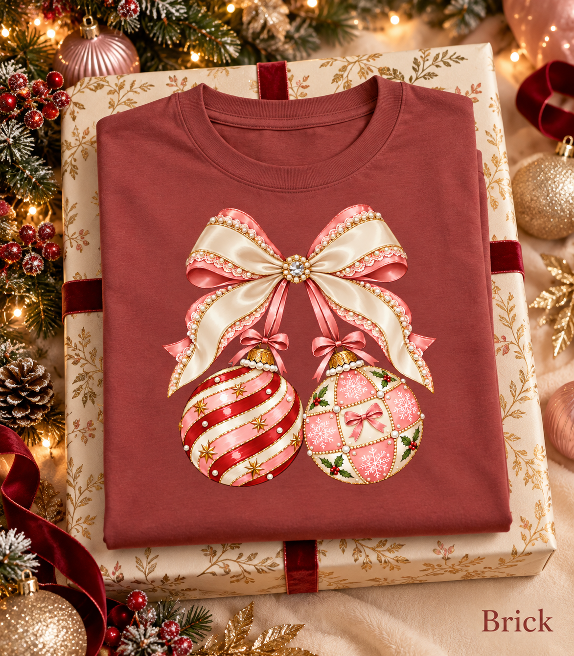 Holiday Gift for Women, Coquette Bow Tshirt, Christmas Ornament Shirt, Comfort Colors Long Sleeve, Preppy Christmas Graphic Tee