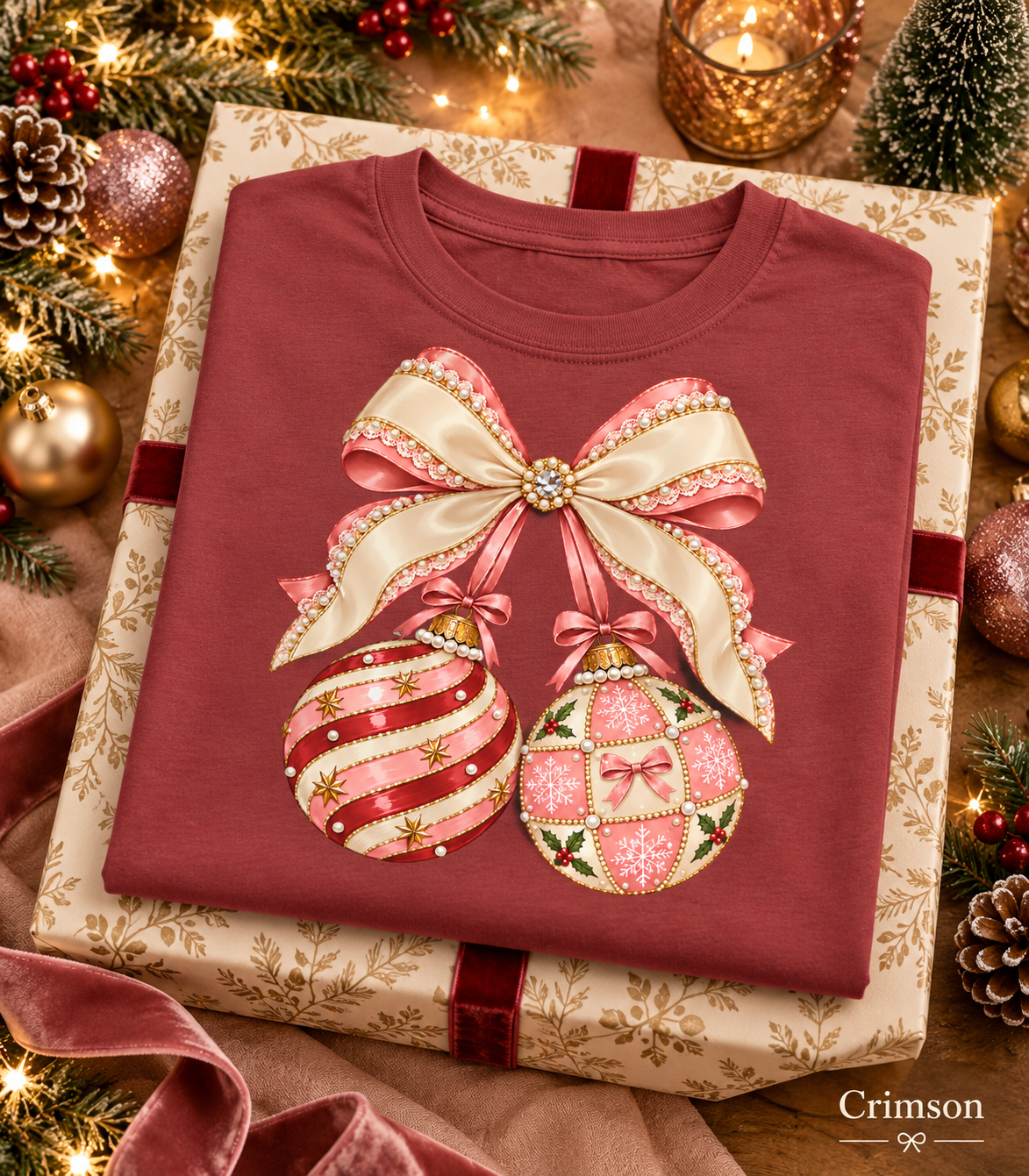 Holiday Gift for Women, Coquette Bow Tshirt, Christmas Ornament Shirt, Comfort Colors Long Sleeve, Preppy Christmas Graphic Tee