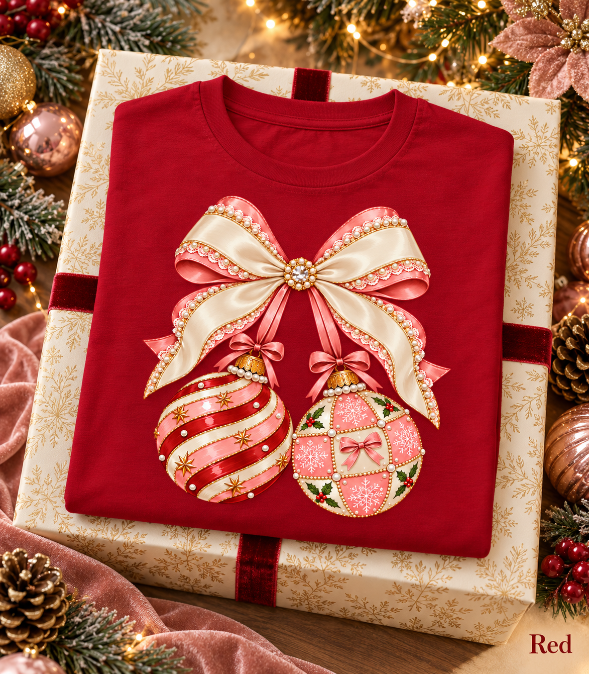 Holiday Gift for Women, Coquette Bow Tshirt, Christmas Ornament Shirt, Comfort Colors Long Sleeve, Preppy Christmas Graphic Tee