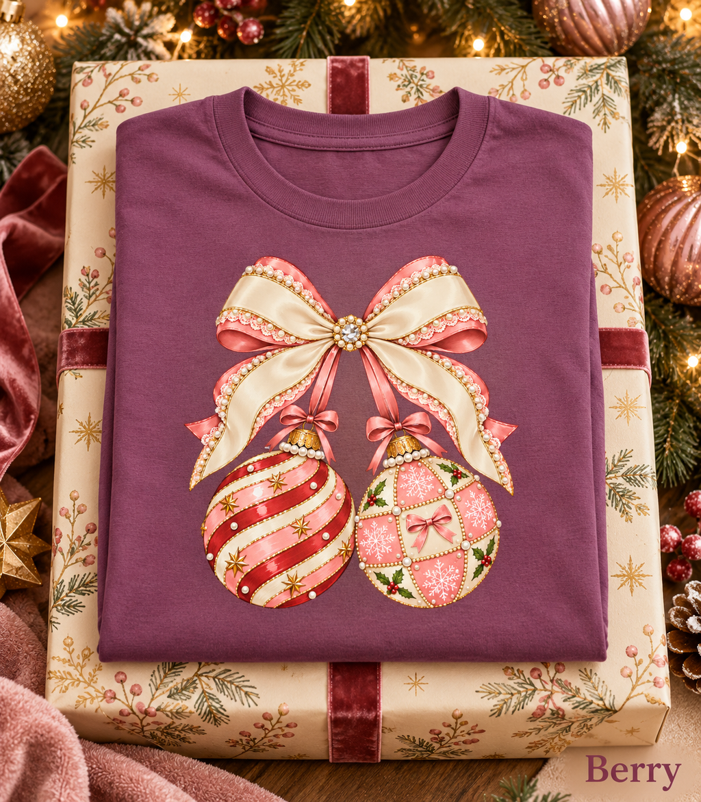 Holiday Gift for Women, Coquette Bow Tshirt, Christmas Ornament Shirt, Comfort Colors Long Sleeve, Preppy Christmas Graphic Tee