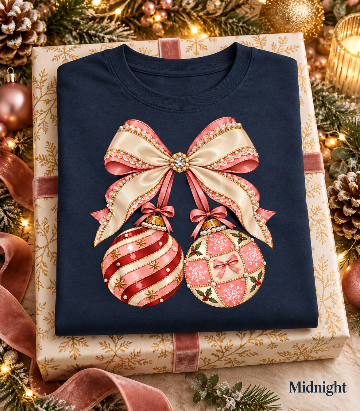 Holiday Gift for Women, Coquette Bow Tshirt, Christmas Ornament Shirt, Comfort Colors Long Sleeve, Preppy Christmas Graphic Tee