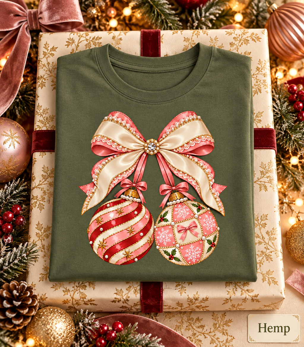 Holiday Gift for Women, Coquette Bow Tshirt, Christmas Ornament Shirt, Comfort Colors Long Sleeve, Preppy Christmas Graphic Tee