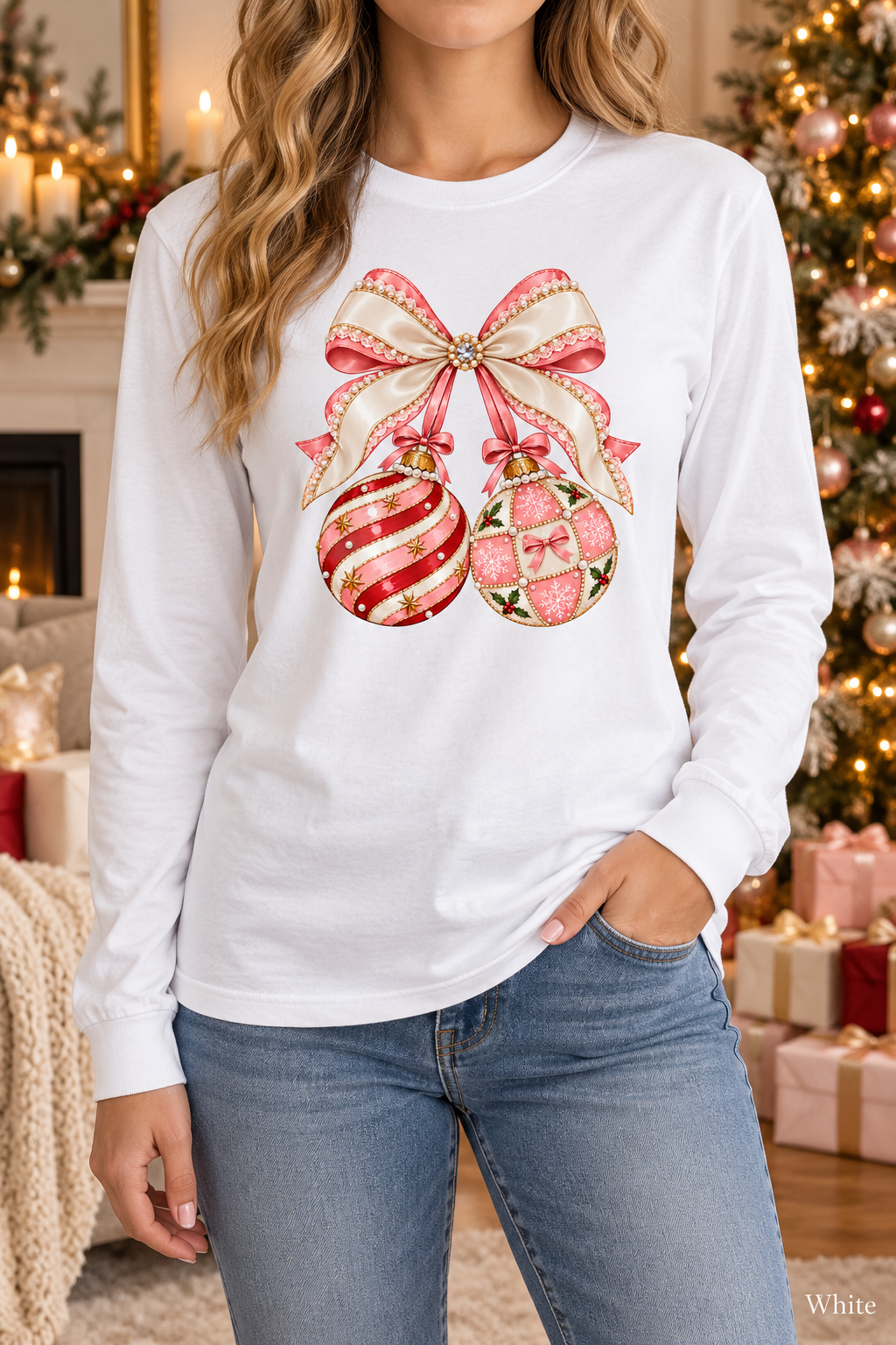 Holiday Gift for Women, Coquette Bow Tshirt, Christmas Ornament Shirt, Comfort Colors Long Sleeve, Preppy Christmas Graphic Tee
