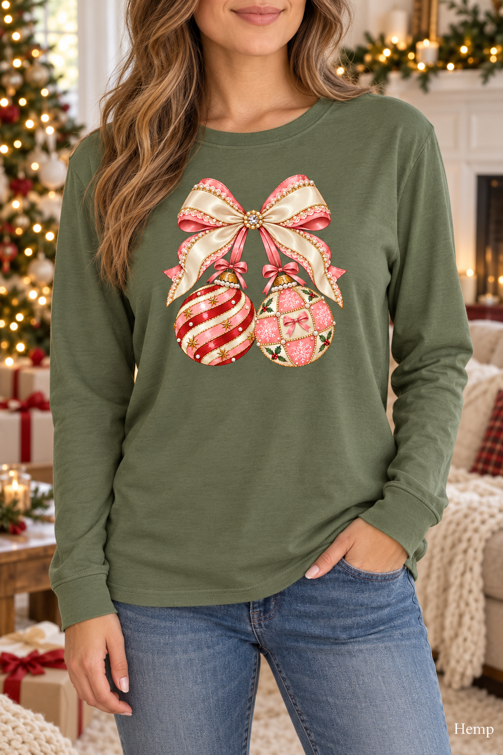Holiday Gift for Women, Coquette Bow Tshirt, Christmas Ornament Shirt, Comfort Colors Long Sleeve, Preppy Christmas Graphic Tee