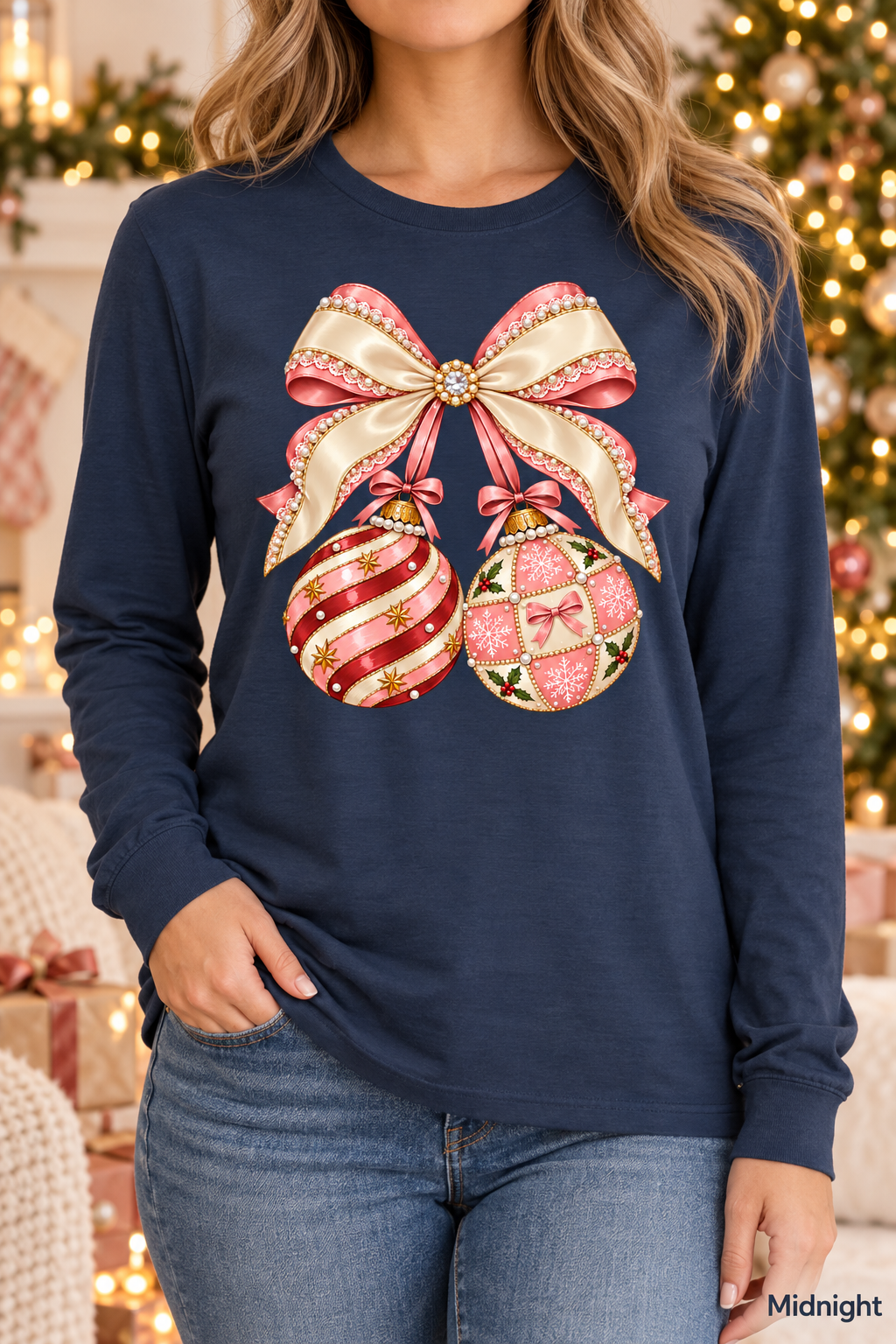 Holiday Gift for Women, Coquette Bow Tshirt, Christmas Ornament Shirt, Comfort Colors Long Sleeve, Preppy Christmas Graphic Tee