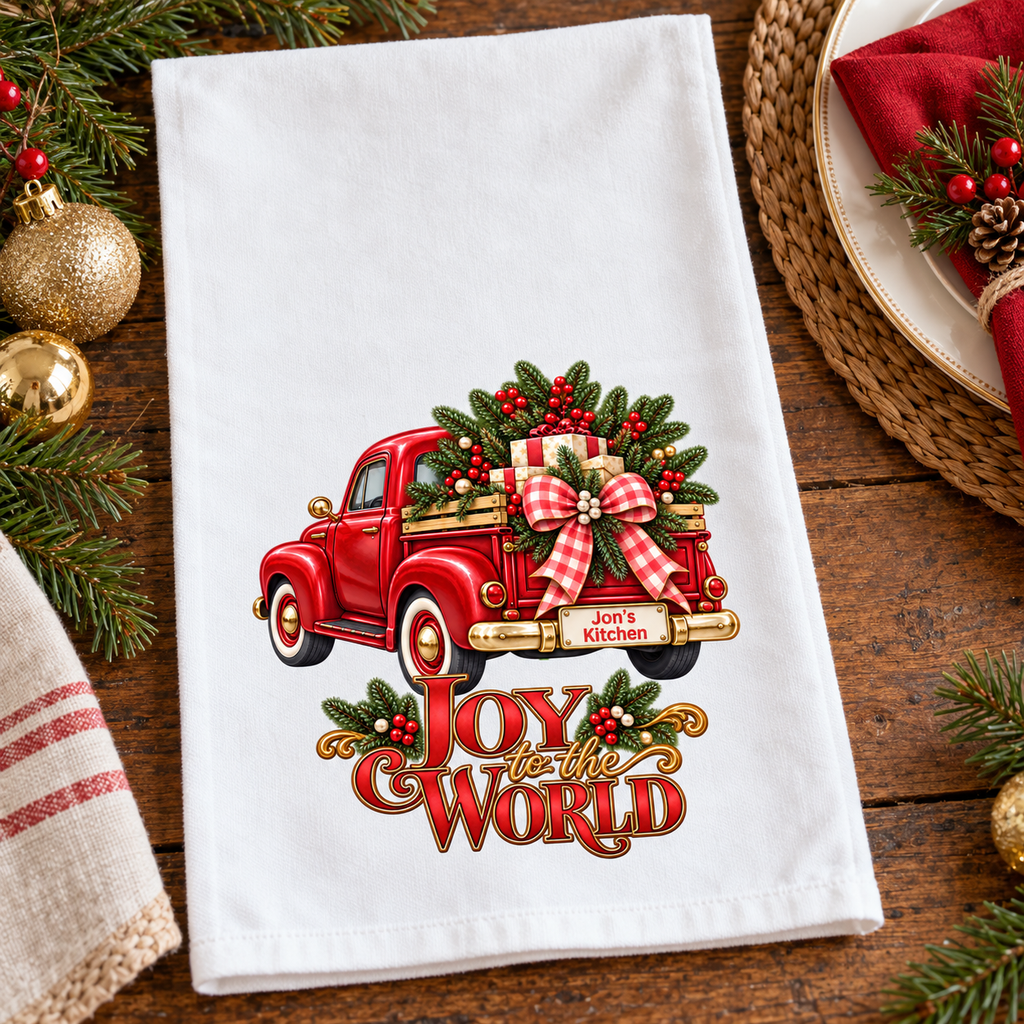 Holiday Decor Personalized Christmas Towel, Red Truck Christmas Kitchen Towel, Personalized Dish Towel, Custom Name Joy to the World Gift