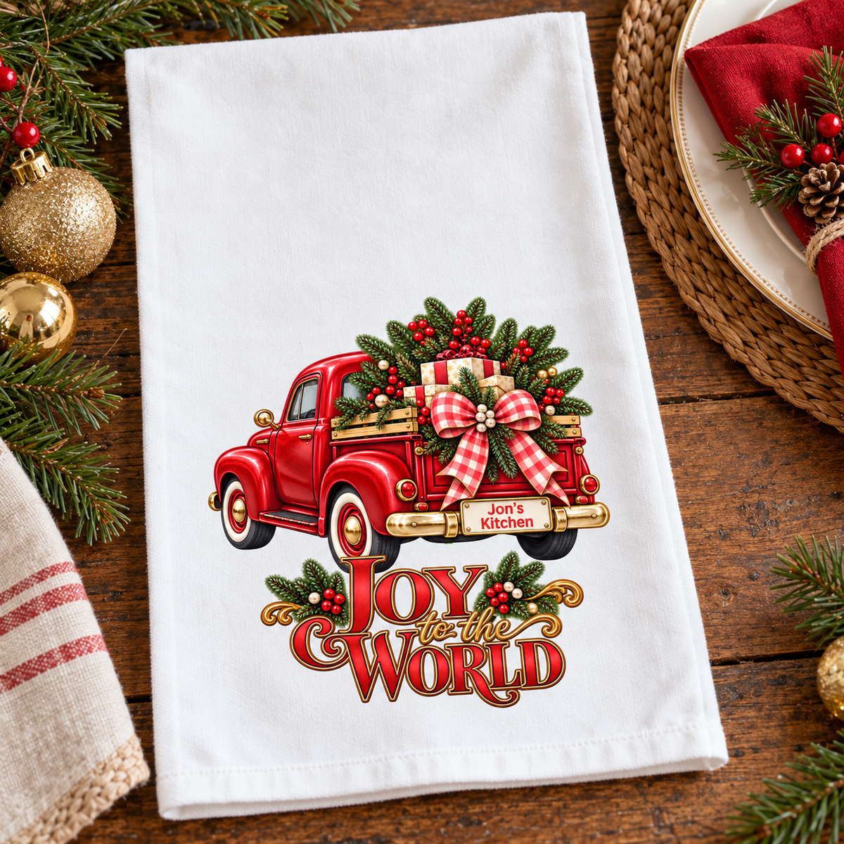 Holiday Decor Personalized Christmas Towel, Red Truck Christmas Kitchen Towel, Personalized Dish Towel, Custom Name Joy to the World Gift