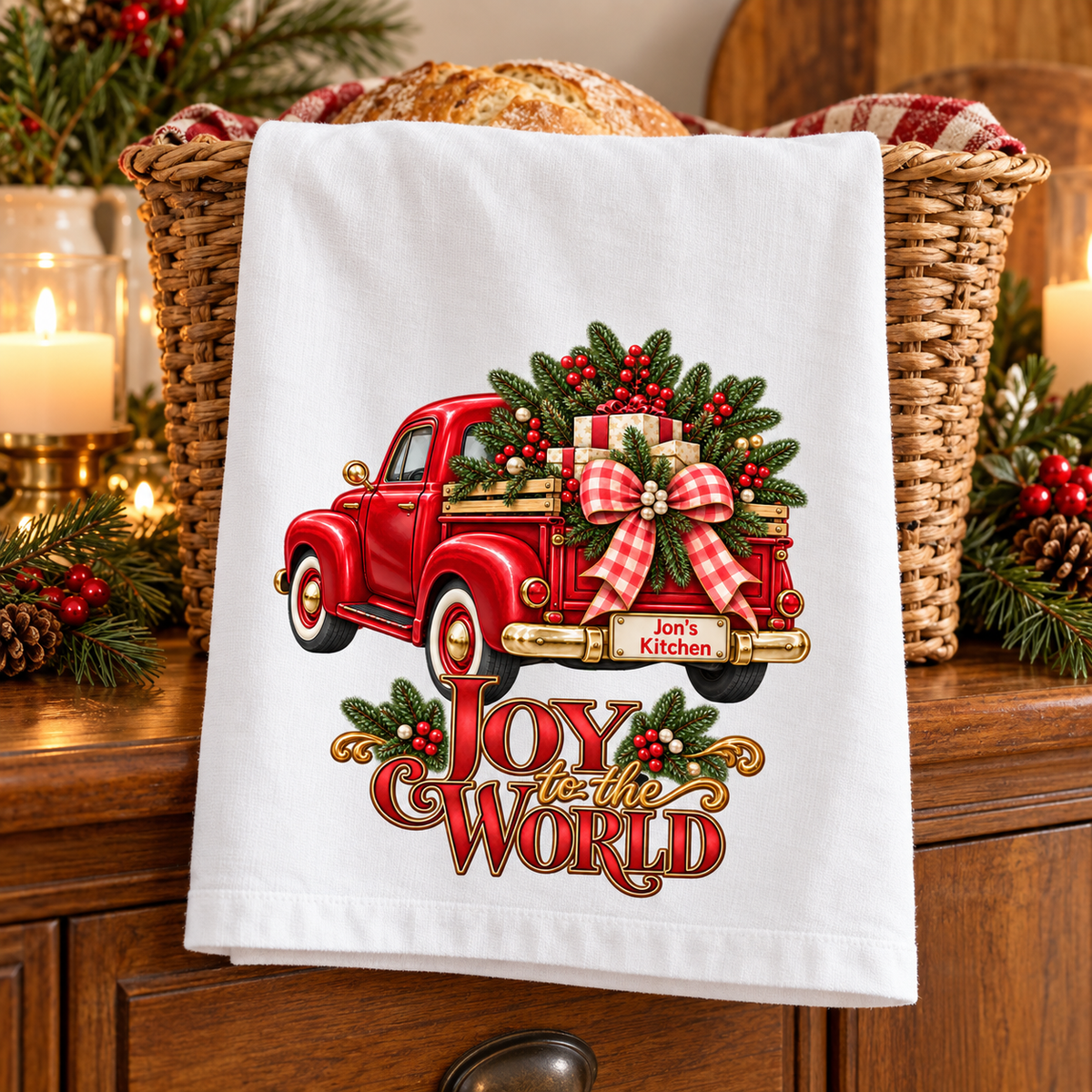 Holiday Decor Personalized Christmas Towel, Red Truck Christmas Kitchen Towel, Personalized Dish Towel, Custom Name Joy to the World Gift