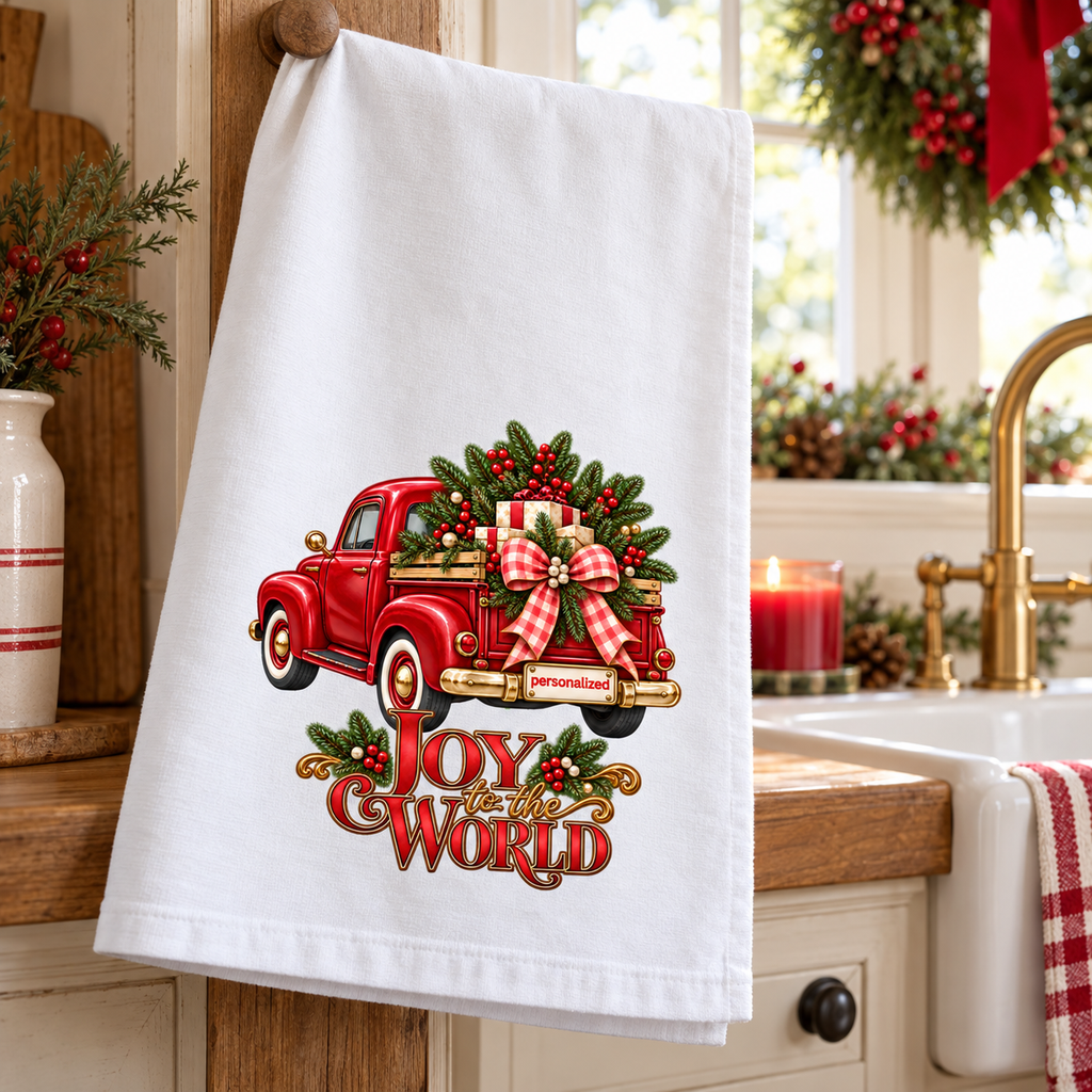 Holiday Decor Personalized Christmas Towel, Red Truck Christmas Kitchen Towel, Personalized Dish Towel, Custom Name Joy to the World Gift