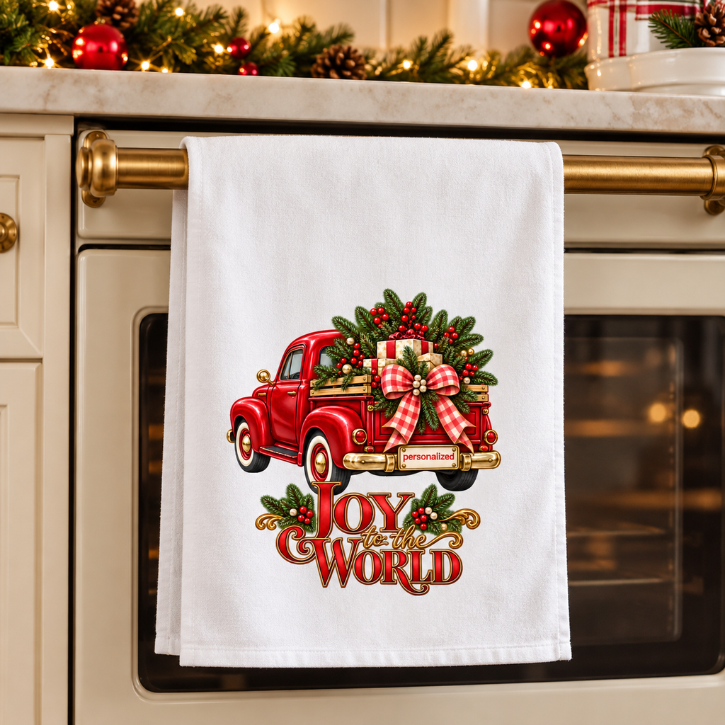 Holiday Decor Personalized Christmas Towel, Red Truck Christmas Kitchen Towel, Personalized Dish Towel, Custom Name Joy to the World Gift