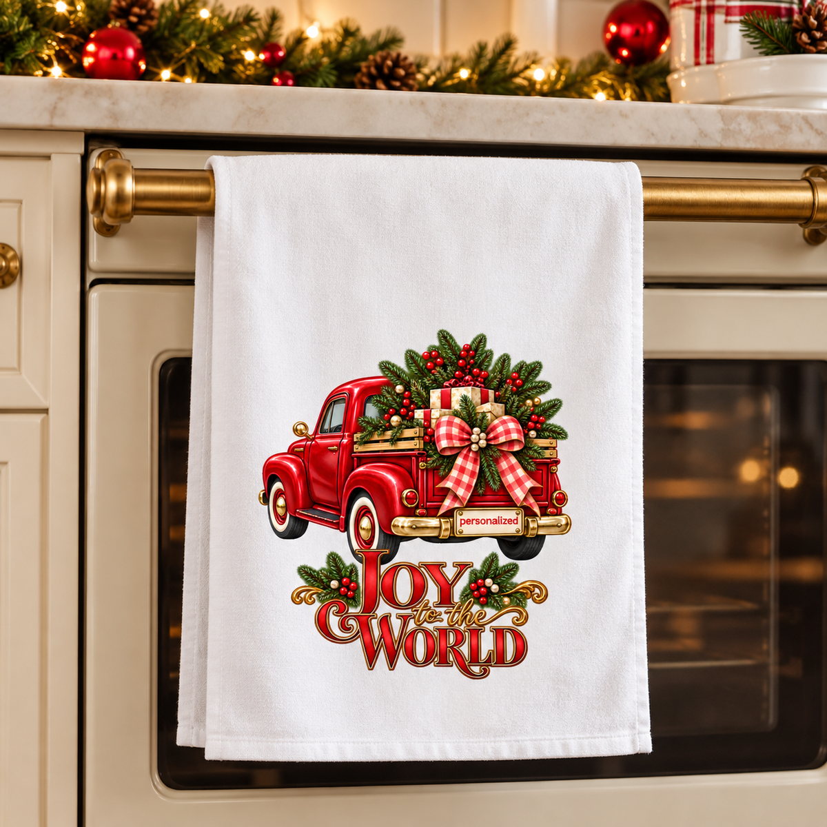 Holiday Decor Personalized Christmas Towel, Red Truck Christmas Kitchen Towel, Personalized Dish Towel, Custom Name Joy to the World Gift