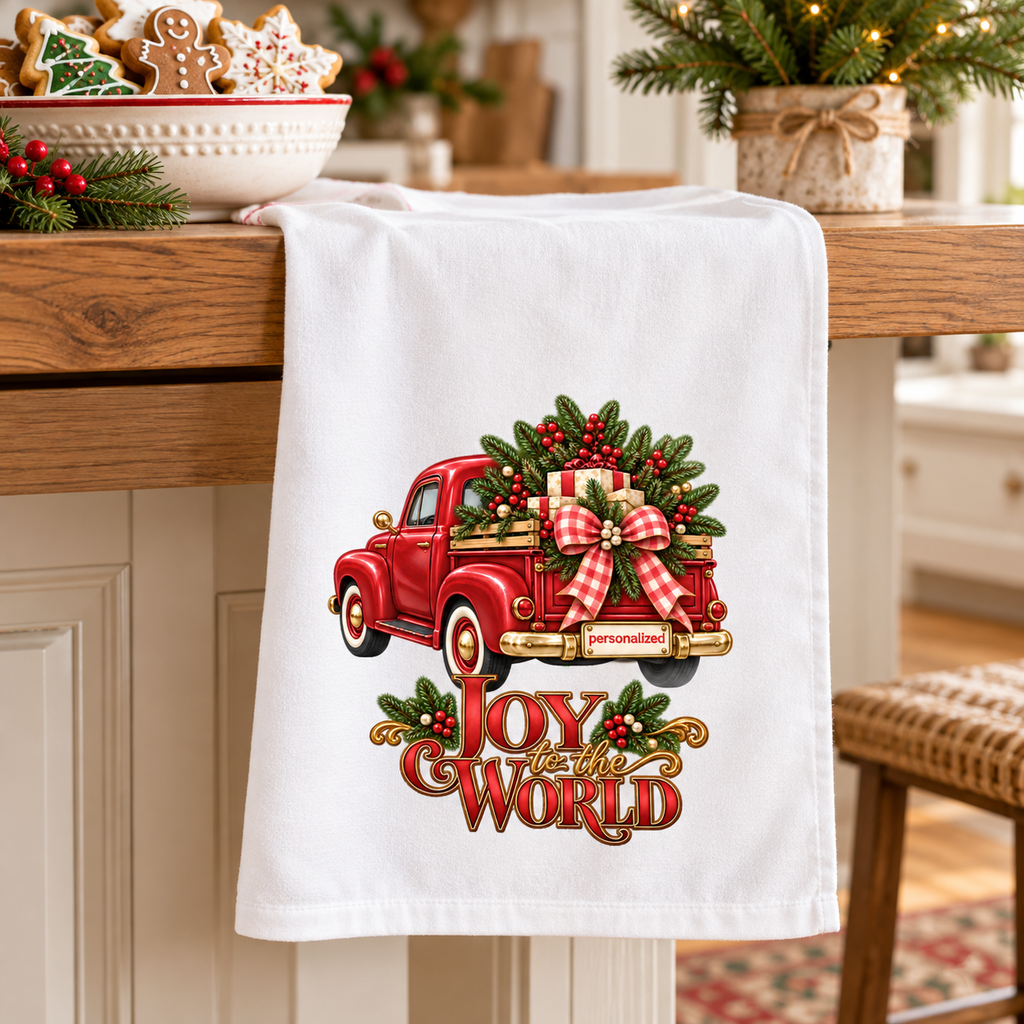 Holiday Decor Personalized Christmas Towel, Red Truck Christmas Kitchen Towel, Personalized Dish Towel, Custom Name Joy to the World Gift
