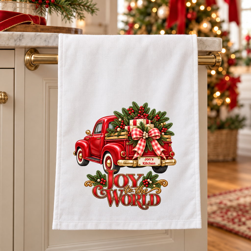 Holiday Decor Personalized Christmas Towel, Red Truck Christmas Kitchen Towel, Personalized Dish Towel, Custom Name Joy to the World Gift