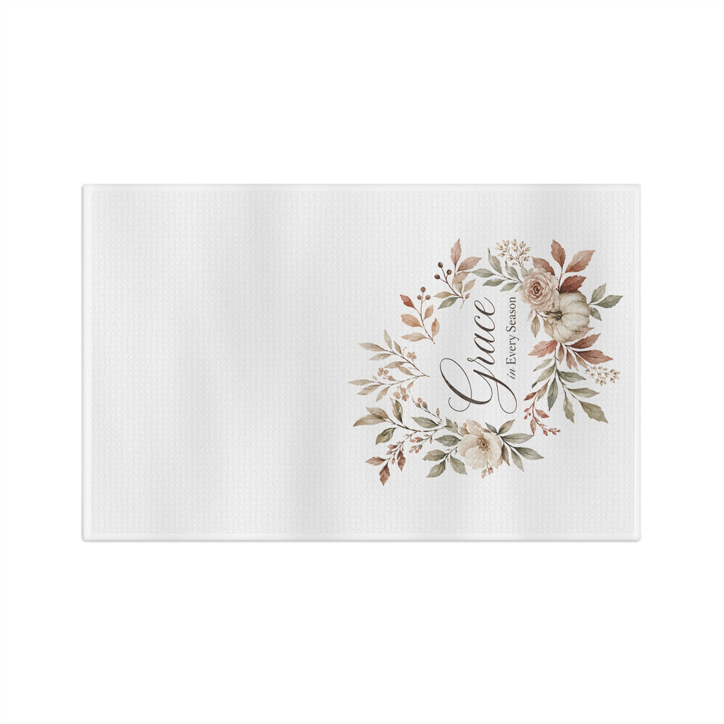 Grace in Every Season Tea Towel | Floral Wreath Kitchen Linen