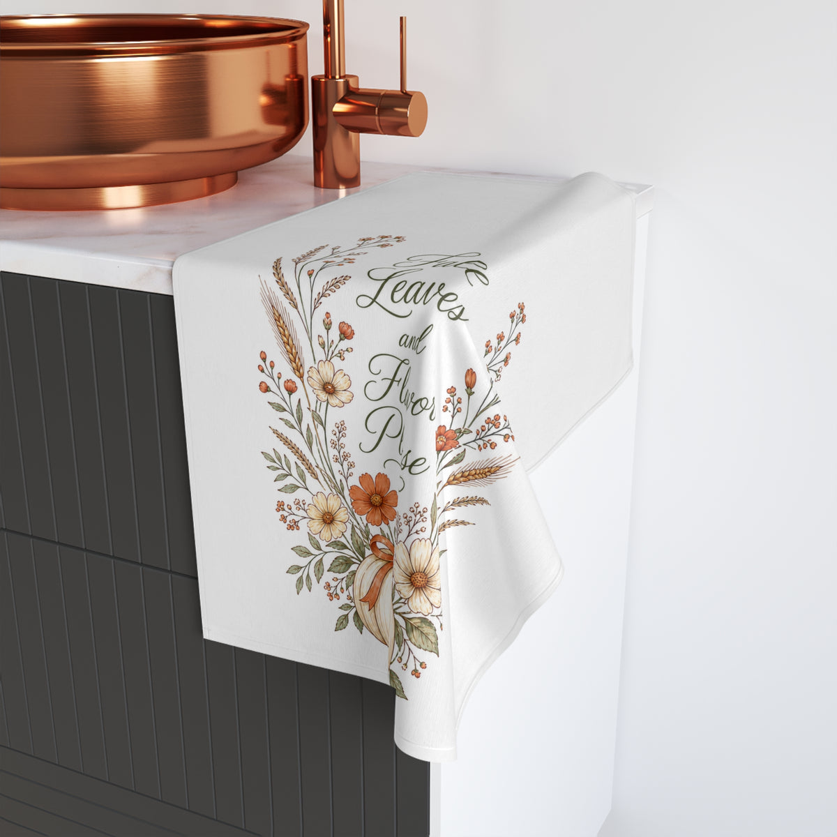 Fall Leaves and Flavor Please Kitchen Towel, Pumpkin Floral Tea Towel, Cottagecore Fall Farmhouse Wildflower Decor, Thanksgiving Gift
