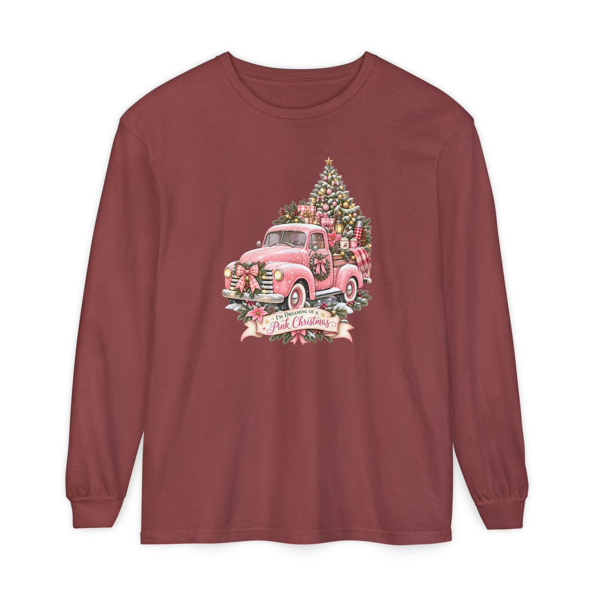 Pink Christmas Shirt, Trendy Christmas Sweatshirt, Pink Truck Christmas Tree Long Sleeve Shirt, Dreaming of a Pink Christmas Tee