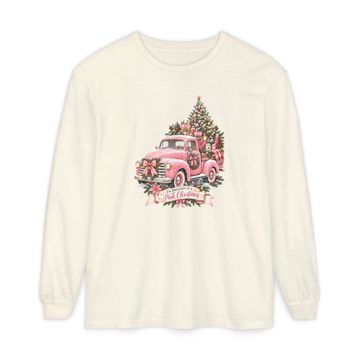 Pink Christmas Shirt, Trendy Christmas Sweatshirt, Pink Truck Christmas Tree Long Sleeve Shirt, Dreaming of a Pink Christmas Tee