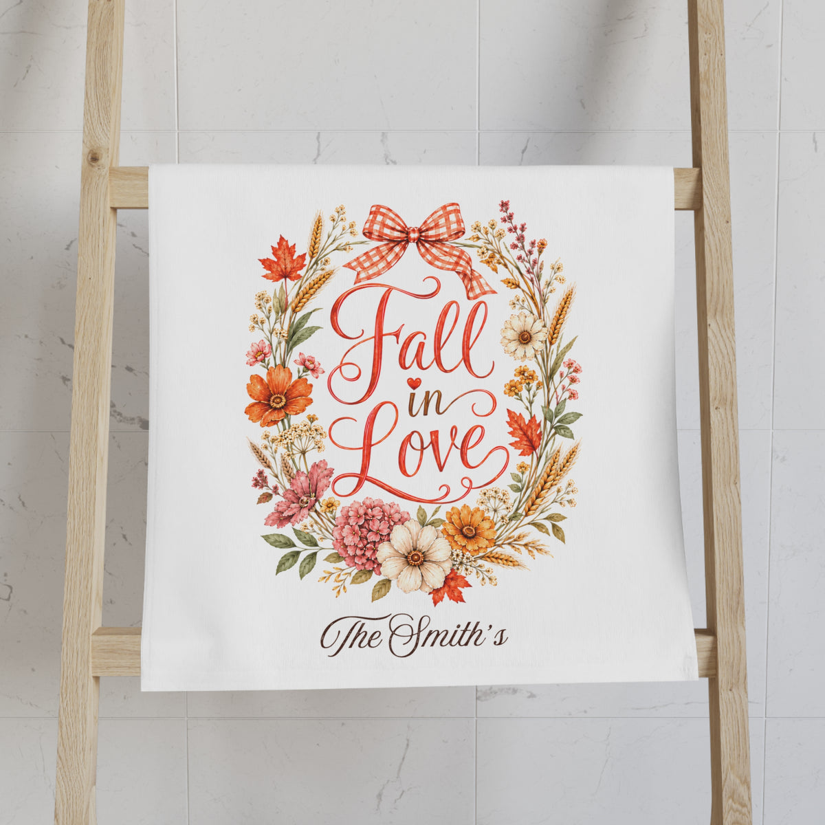 Personalized Fall Kitchen Towel, Fall in Love Wildflower Wreath, Custom Name Tea Towel, Farmhouse Autumn Decor, Housewarming Gift
