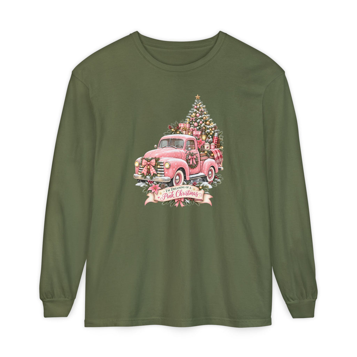 Pink Christmas Shirt, Trendy Christmas Sweatshirt, Pink Truck Christmas Tree Long Sleeve Shirt, Dreaming of a Pink Christmas Tee