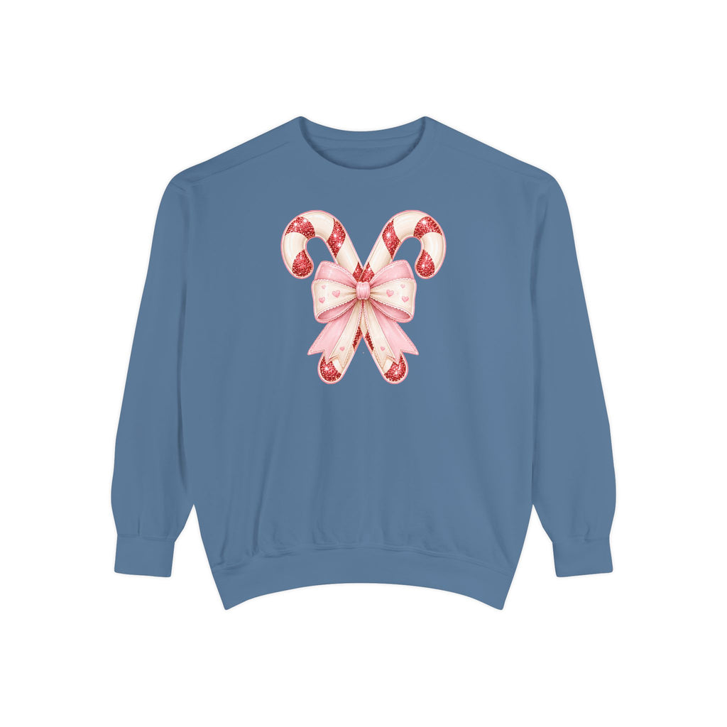 Candy Cane Bow Sweatshirt, Coquette Christmas Sweatshirt for Women, Cute Xmas Crewneck, Trendy Holiday Sweater, Christmas Gift for Her