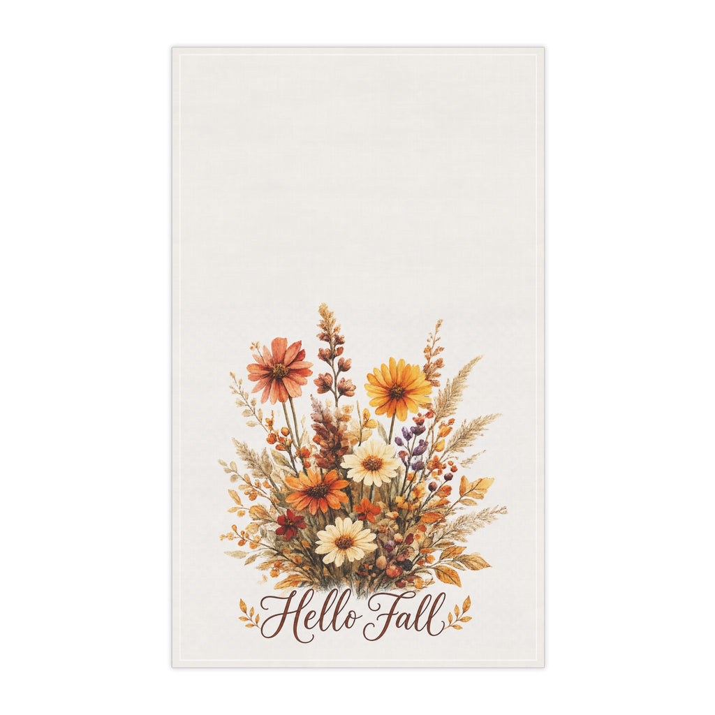 Hello Fall Wildflower Bouquet Kitchen Towel a cozy autumn touch for your kitchen and a thoughtful hostess, housewarming or Thanksgiving gift
