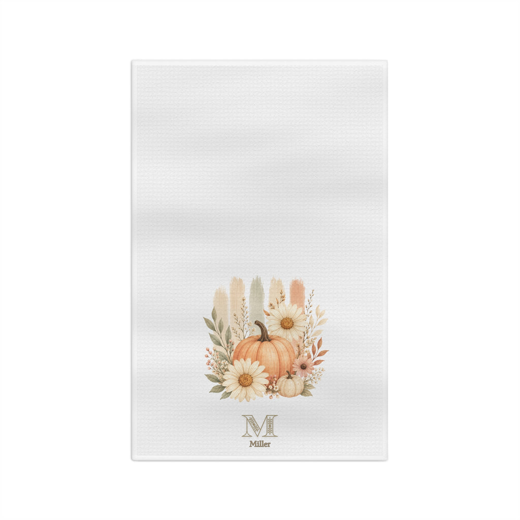 Personalized Fall Pumpkin Tea Towel, Custom Monogram Kitchen Towel, Autumn Daisy Floral Dish Towel, Farmhouse Decor, Housewarming Gift